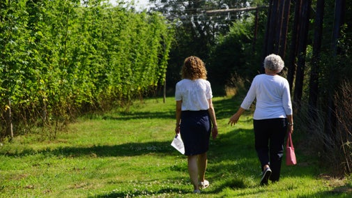 Two visitors walking past hops on the Scotney Castle estate in Kent